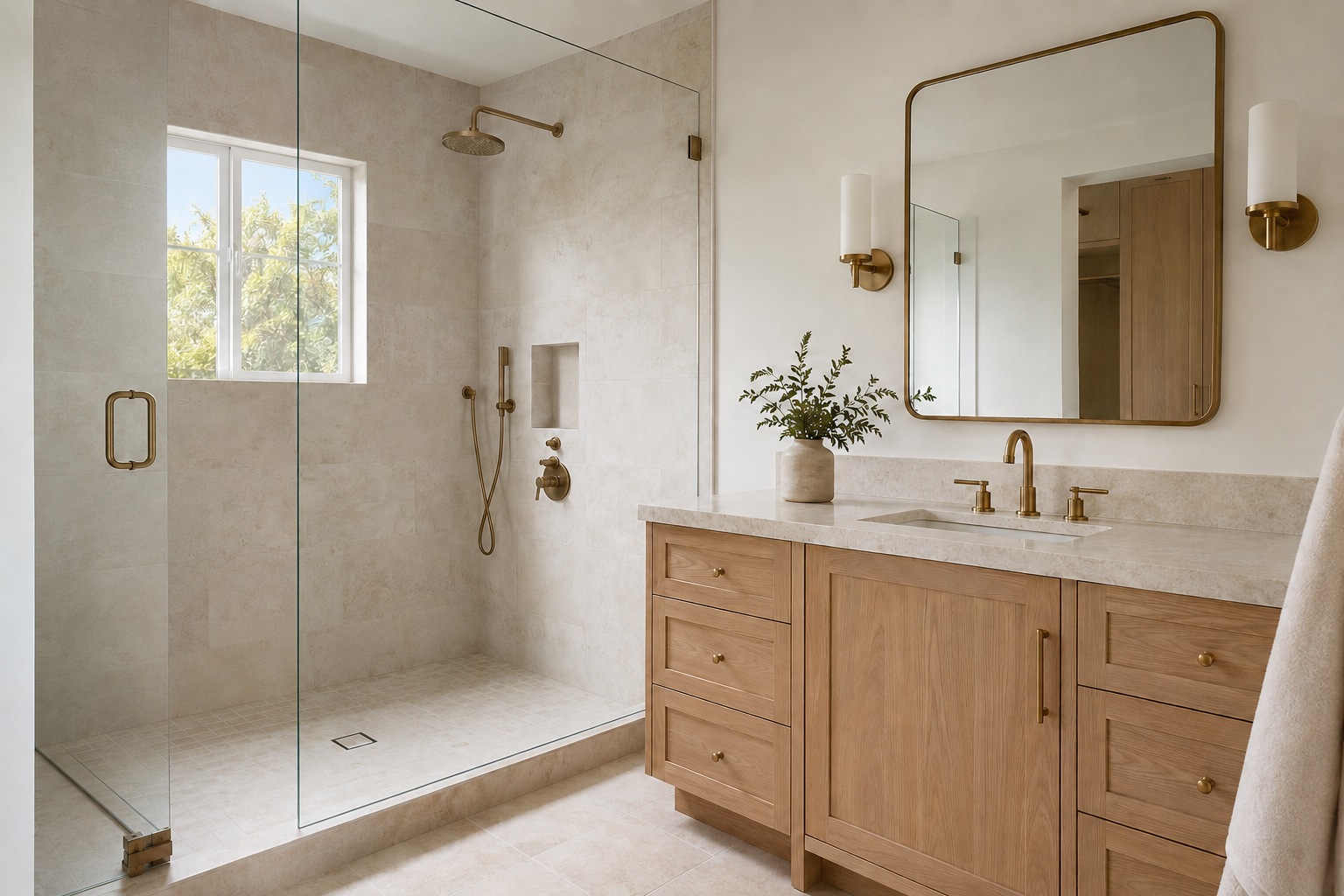 Ivory bathroom remodel with walk-in shower