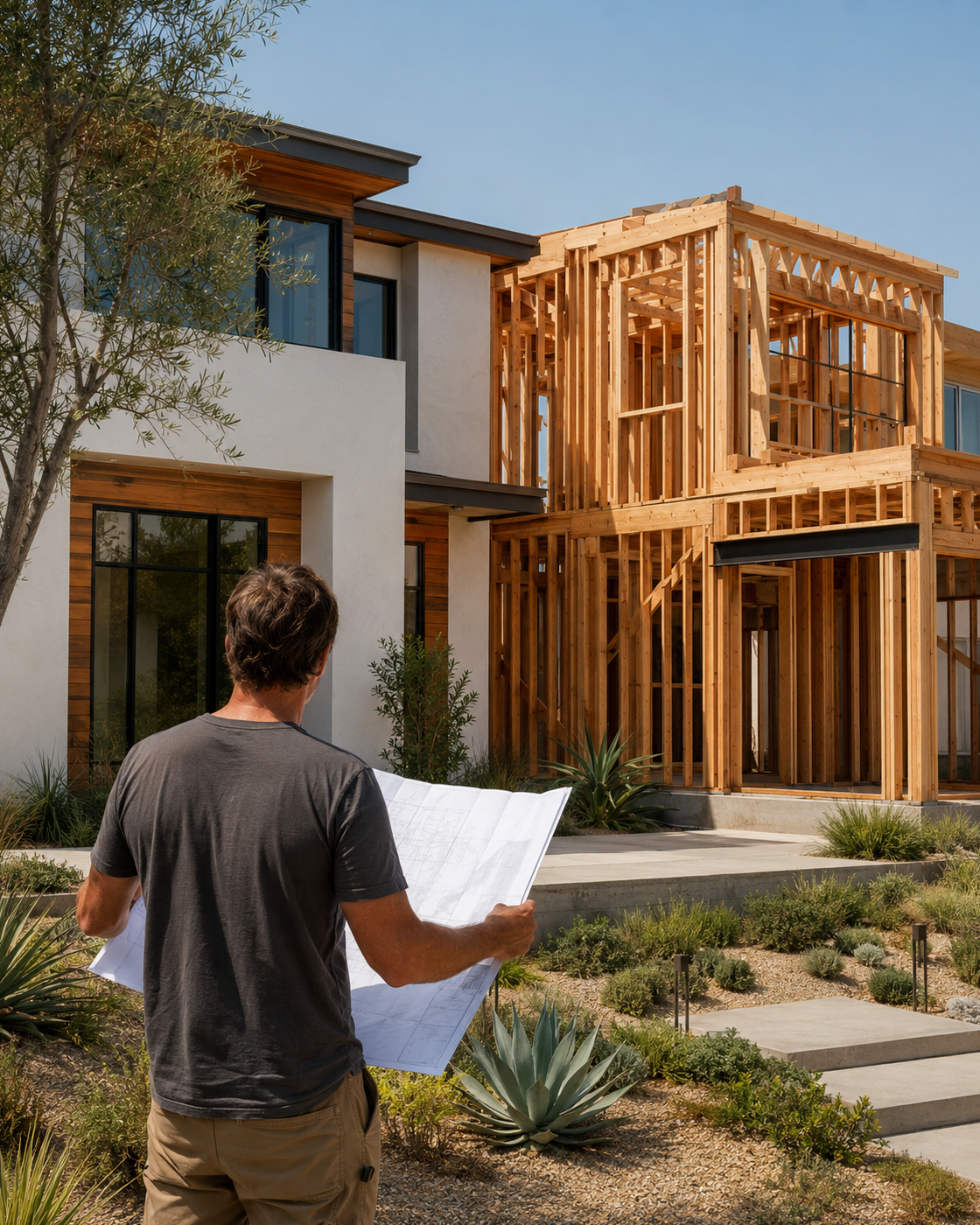 Contractor reviewing plans at a modern home addition